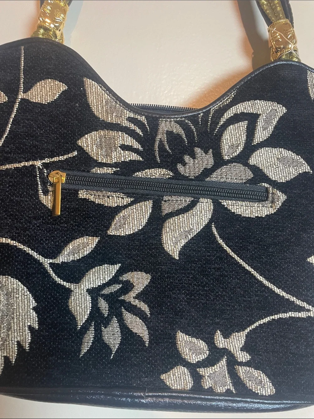 Black Velvet Floral Shoulder Bag with Gold Accents